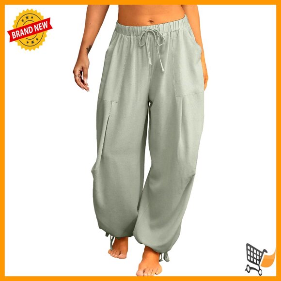 Linen Harem Pants Drawstring Wide Leg Lounge Beach Casual with Pockets
